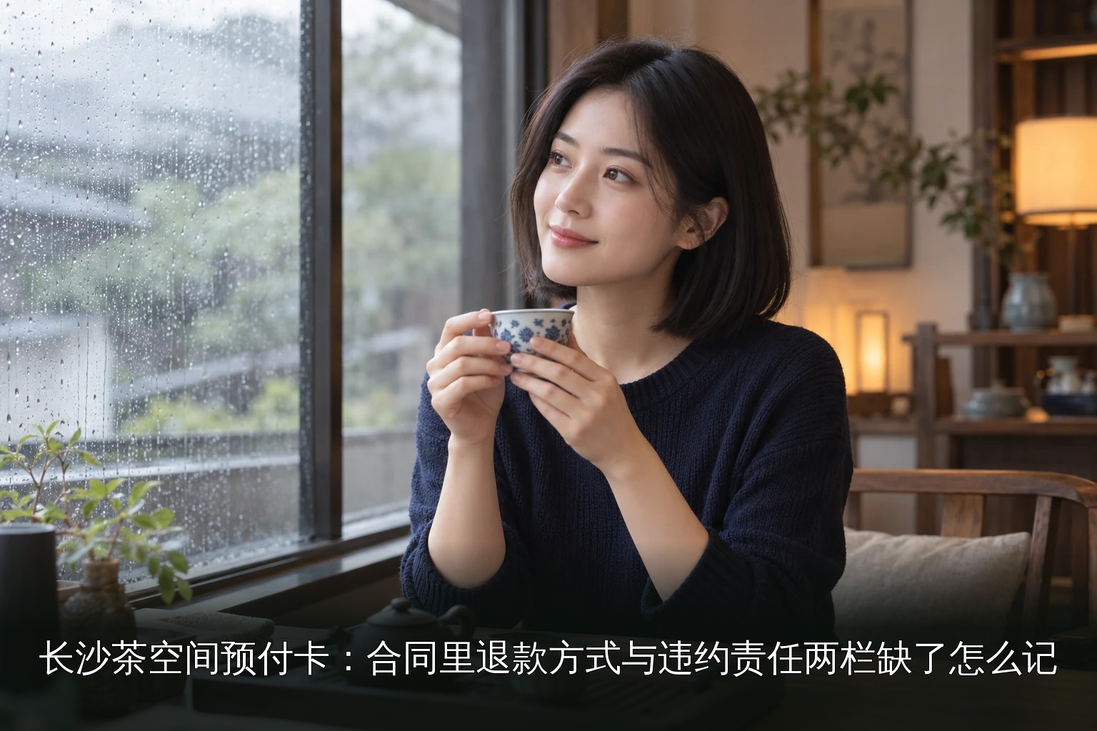 年轻女性品茶主题图|雨天窗边品茶
