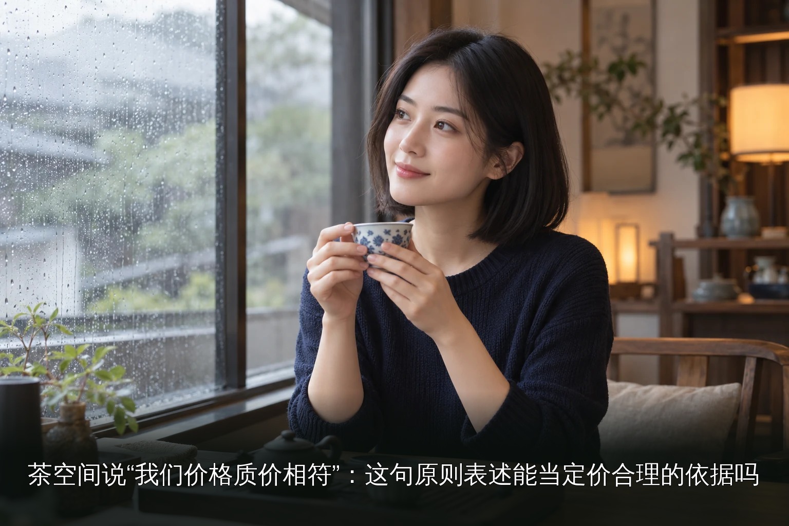 年轻女性品茶主题图|雨天窗边品茶