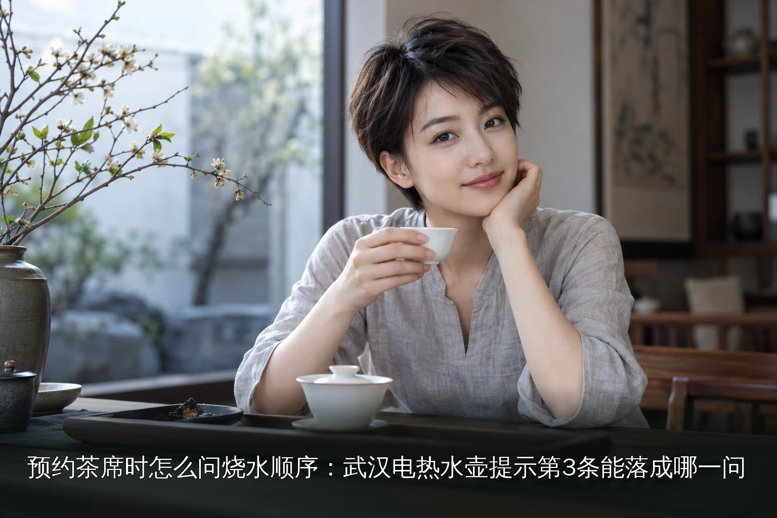 年轻女性品茶主题图|短发女性茶席